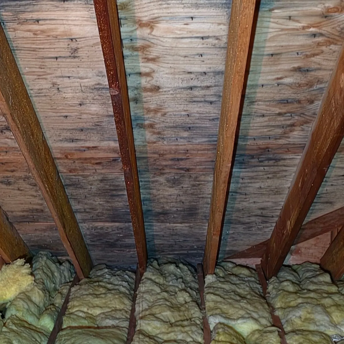 Water stains on the underside of a roof deck seen from inside an attic, from a Pujols Roof Health Report.