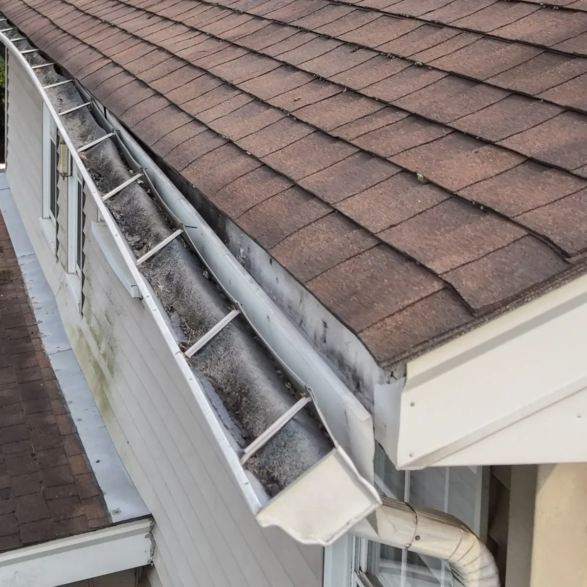 Clogged aluminum gutter sagging and pulling away from the fascia on a brown shingle roof, from a Pujols Roof Health Report.