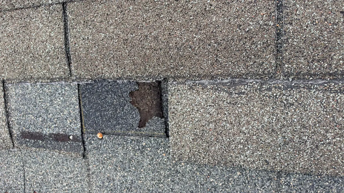 A torn asphalt shingle with an older shingle layer showing underneath, on a Rocky Hill roof inspection by Pujols Roofing.