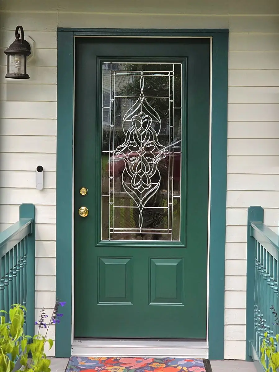 ProVia Legacy entry door in Forest Green with decorative glass, installed in Rocky Hill, NJ by Pujols Roofing & Siding LLC.